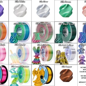 May include: A grid of 3D printing filament spools and printed objects in various colors, including purple, white, silver, green, pink, and rainbow. Text indicates color names and a disclaimer about color variations.