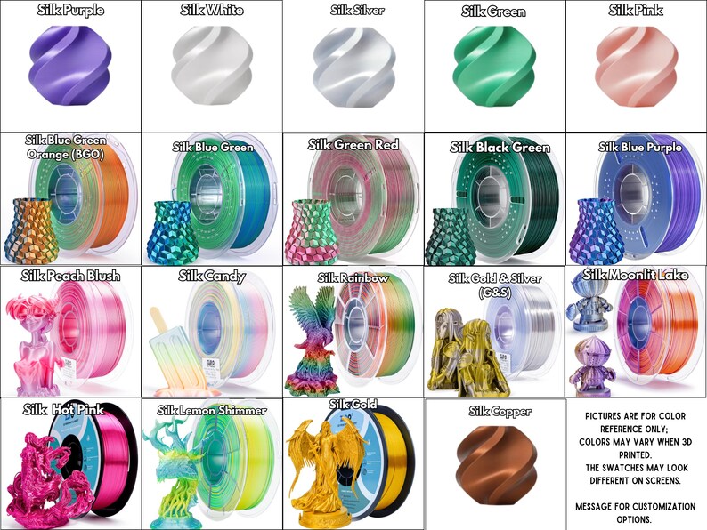 May include: A grid of 3D printing filament spools and printed objects in various colors, including purple, white, silver, green, pink, and rainbow. Text indicates color names and a disclaimer about color variations.