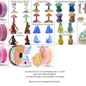 May include: A variety of 3D-printed models and filament spools are displayed. Models include crabs, dragons, mushrooms, and geometric shapes in various colors. The text on the image says "Matte Rosy Cloud", "Matte Neon", "Matte Rusted Jungle", "Matte Purple Sunset", "Matte Maple Forest", "Matte Volcano", "Matte Snow Mountain", "Colorful Mist", "Matte Sunbeam Forest", "Matte Afterglow", "Macaron Rainbow", "Matte Dreamy Dusk", and "Sunlit Petal".