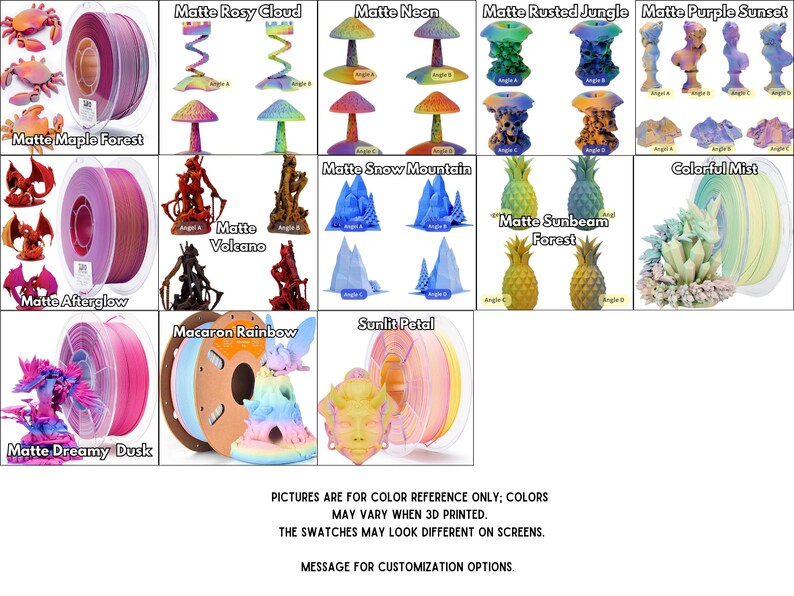 May include: A variety of 3D-printed models and filament spools are displayed. Models include crabs, dragons, mushrooms, and geometric shapes in various colors. The text on the image says "Matte Rosy Cloud", "Matte Neon", "Matte Rusted Jungle", "Matte Purple Sunset", "Matte Maple Forest", "Matte Volcano", "Matte Snow Mountain", "Colorful Mist", "Matte Sunbeam Forest", "Matte Afterglow", "Macaron Rainbow", "Matte Dreamy Dusk", and "Sunlit Petal".
