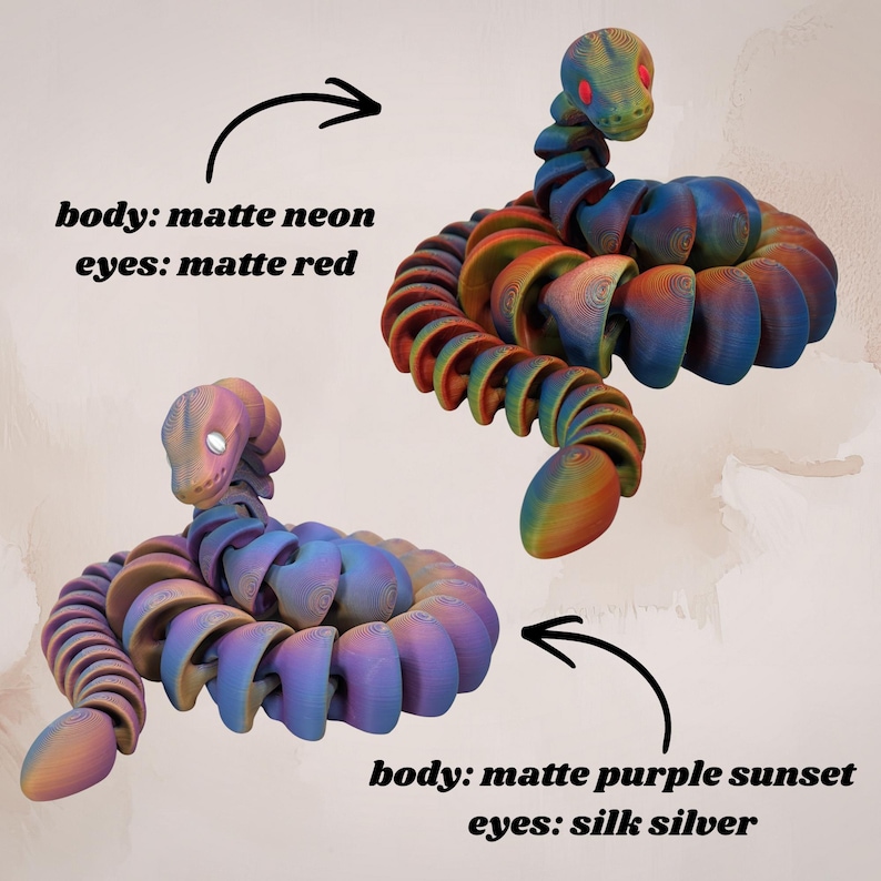May include: Two articulated snake toys. One has a matte neon body and matte red eyes. The other has a matte purple sunset body and silk silver eyes. The toys are colorful and have a segmented design.