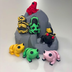May include: A collection of seven small frog figurines, each painted in a different color, including yellow, green, black, red, and pink. The frogs are arranged on a gray rock-like base.