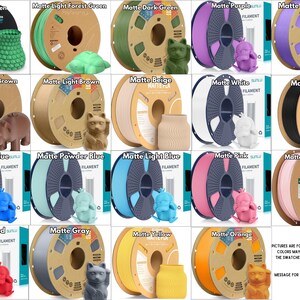 May include: A collection of spools of matte-finish 3D printer filament in various colors, including green, purple, brown, and blue. Each spool is paired with a 3D-printed model, such as a vase, cat, or hippo. The text on the image says "Matte" and the color names.