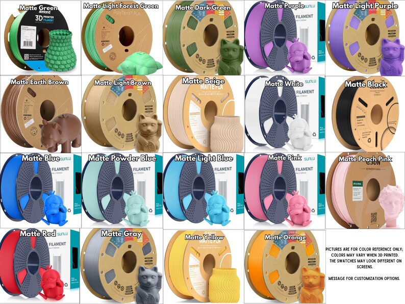May include: A collection of spools of matte-finish 3D printer filament in various colors, including green, purple, brown, and blue. Each spool is paired with a 3D-printed model, such as a vase, cat, or hippo. The text on the image says "Matte" and the color names.