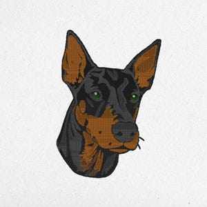 May include: A black and brown Doberman Pinscher dog with green eyes. The dog's head is turned to the side and its ears are perked up.
