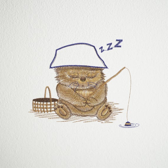 Sleepy Fishing Cat Embroidery Design - Digital Machine Embroidery File | Instant Download | dst, exp, pes, pcs, sew, vp3, jef, jef+, xxx