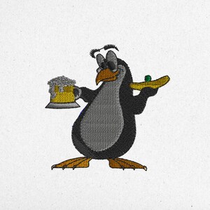 Funny Penguin Embroidery Design - Beer Mug & Snack | 5x5 4276 | 10x10 13129 Stitches | pes, dst, exp, vp3, jef, hus, xxx, sew, tap, pcs