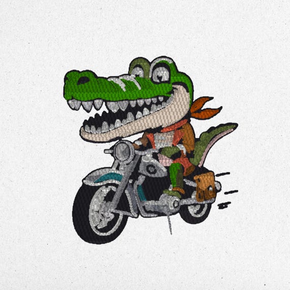 Biker Crocodile Embroidery Design - Digital Machine Embroidery File | 16x17 cm | 70,000 Stitches | 15 Colors | Instant Download