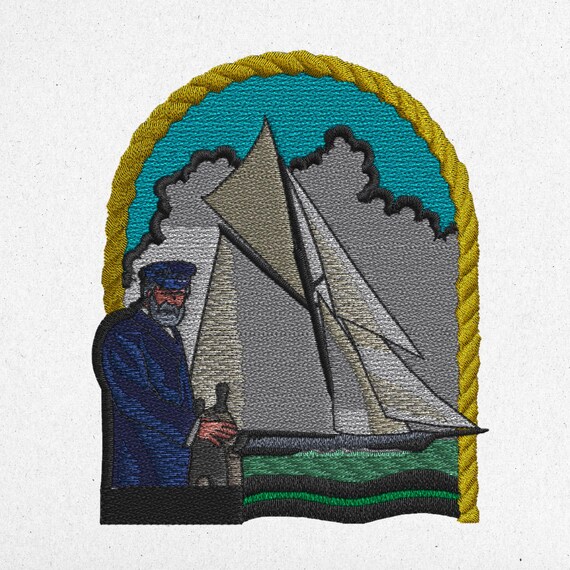 Captain with Sailboat Embroidery Design - Nautical Maritime Patch | Digital Machine Embroidery File Instant Download