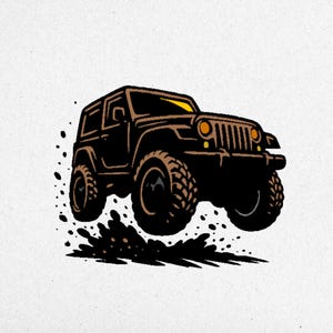 Könnte beinhalten: Ein schwarzer Jeep mit großen Reifen fährt durch Schlamm. Der Jeep ist in der Luft, seine Räder berühren den Boden nicht. Der Jeep ist ein beliebtes Fahrzeug für Geländefahrten.