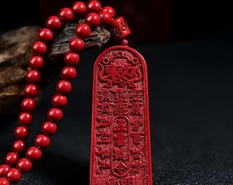 Five Thunder Mantra Pendant With 108-Bead Necklace:Handmade Cinnabar Taoist Amulet,Evil Exorcism