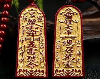 Five Thunders Spell Pendant With 108 Bead necklace:Handmade Cinnabar Gilding Taoist Talisman