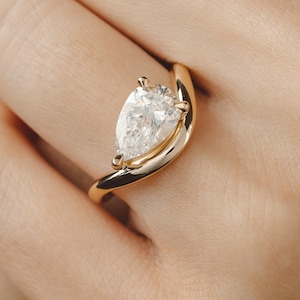 Anello con moissanite a pera, anello con gemma galleggiante in oro massiccio 14k, anello con taglio a pera laterale unico East West, anello con pietra galleggiante unica, regalo di promessa di matrimonio