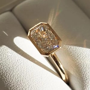 East West Solitaire Elongated Radiant Cut Moissanite Engagement Ring, Solid Gold Bezel Setting Wedding Ring, Anniversary Gift Ring For Her