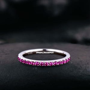 Solid 14k White Gold Ruby Ring, Ruby Wedding Band For Women With 1.5mm Stones In Half Eternity, Eternity Wedding Band, Promise Ring For Love
