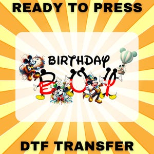 Birthday Boy DTF Transfer – Disney Font Iron On with Mickey Mouse Letters, Ready to Press Cartoon Birthday Shirt Design, Dtf Transfer