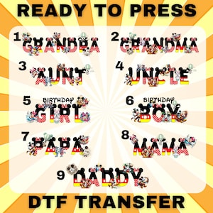 Disney Family DTF Transfers – Ready to Press Mickey & Minnie Character Name Prints for Birthday, Mom, Dad, Grandma, Matching Shirts
