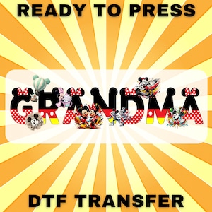 Transferts DTF pour la famille Disney - Nom du personnage Mickey et Minnie prêt à être imprimé pour anniversaire, maman, papa, grand-mère, chemises assorties