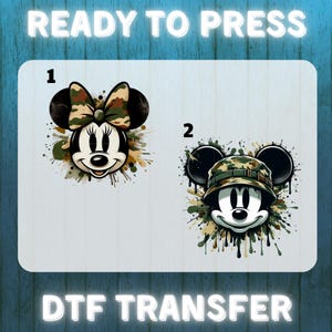 Military Mouse Couple DTF Transfer – Camouflage Style Iron On, Ready to Press Army Theme for Patriotic Kids and Family Shirts
