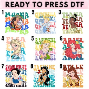 Princess DTF Transfer - Moana Ariel Elsa Cinderella Tiana Dtf Print, Ready to Press Disney Princess Iron On, Kids Girl Design, Disney Dtf