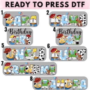 May include: Eight different iron-on transfers featuring characters from the Toy Story movie franchise. The transfers are ready to press and include names like "Papa", "Mama", "Birthday Girl", "Birthday Boy", "Uncle", "Aunt", "Grandma", and "Grandpa".
