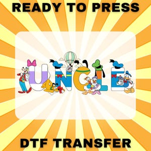 May include: A colourful iron-on transfer design featuring the word "UNCLE" with various Disney characters. The design is ready to press onto fabric.
