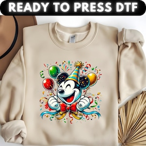 Birthday Mickey DTF Transfe - Party Hat Confetti Shirt Print, Colorful Mickey Mouse Iron On Design, Ready to Press Kids Birthday Print