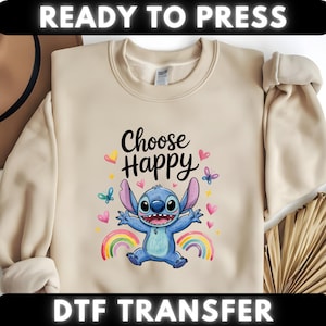 Transferencia DTF de Disney / Stitch listo para prensar / Transferencia DTF de Lilo y Stitch / Elige Happy Ready to Press Lilo & Stitch para planchar para niños
