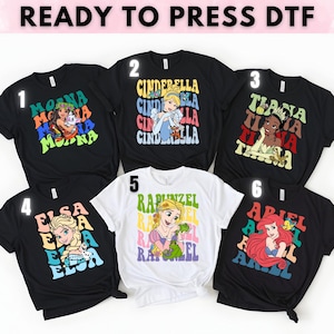 Disney Princess DTF Transfer - Ariel Moana Elsa Rapunzel Ready to Press Design, Colorful Girls Shirt Print, Iron On Birthday Bundle