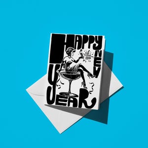 Bonne année | Cheers classique noir et blanc pour femme avec champagne | Carte de voeux de célébration festive