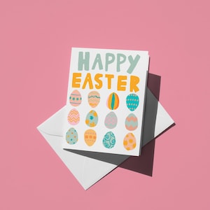 Ostereier Karte | Frohe Ostern Grusskarte für Kinder & Freunde | Helles, lustiges, buntes Pastelldesign für Frühlingsfeiern