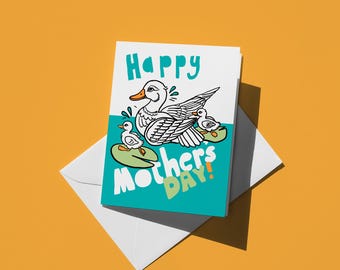 Carte de fête des mères avec une maman cane et des canetons - Joli design coloré, cadeau parfait avec un message sincère