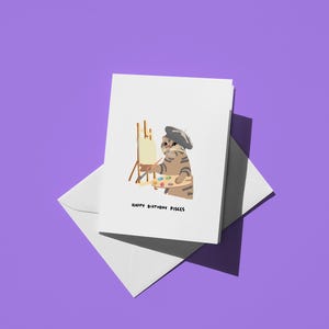 Pisces Birthday Card - Cute Ragdoll Cat Painting at Easel, Funny Zodiac Card for Cat Lovers & Astrology Fans