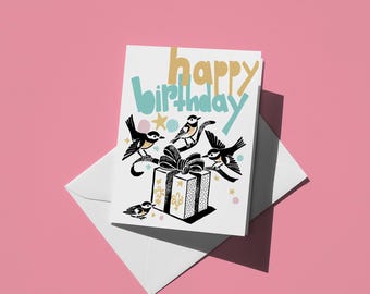 Happy Birthday Birds Card - Cute Birthday Card for Friends, Family, and Kids - Fun Gift with Colorful Birds Design