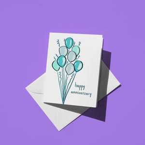 Tarjeta de feliz aniversario divertida: linda tarjeta de felicitación con globos azules para parejas, nota de amor romántica perfecta para él y para ella.