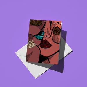 Frauen mit Lippenstift und Perlen Grußkarte - Süße Kunstkarte, einzigartiges feministisches Geschenk für Sie und Einfach so Karte für Freunde