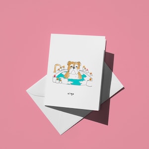 Tarjeta de cumpleaños de Virgo: divertida tarjeta del zodiaco para amantes de los perros, bulldog en la bañera, regalo de autocuidado, adorable y original, arte astrológico artesanal.