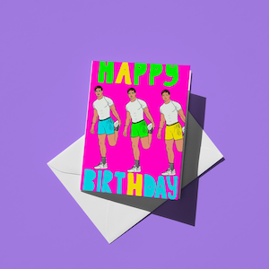 Tarjeta de feliz cumpleaños para niños y amigos: corredores de neón rosa eléctrico, diseño de niño neón adorable, tarjeta de regalo colorida y artística.