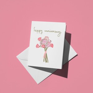 Tarjeta sencilla de feliz aniversario: un bonito ramo de rosas, una dulce tarjeta de felicitación para parejas, una nota romántica perfecta para él y para ella.