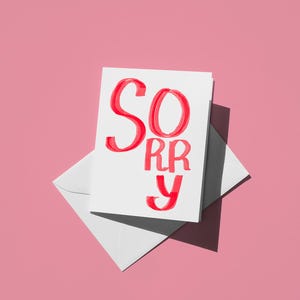 Sorry Apology Card, Simple Red Text Greeting Card, Thoughtful Sorry Note, Blank Inside for Your Message, Unique Sorry Card
