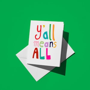 Cartão comemorativo LGBTQ+ "Y'all Means All" - Impressão artística simples e colorida, presente fofo para amigos e familiares, comemoração do Mês do Orgulho