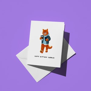 Gemini Geburtstagskarte - süße orange getigerte Katze mit Kaffee, lustige Sternzeichen für Katzenliebhaber & Astrologie-Fans