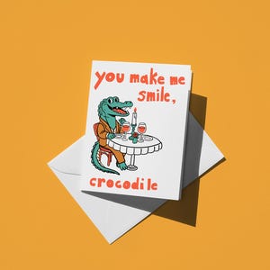 Tarjeta de San Valentín con cocodrilo sonriente: juego de palabras divertido y saludo animal lindo para amigos, familiares y niños, broma cursi, diseño colorido