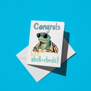 Tarjeta de felicitación de tortuga - ¡A celebrar! - Nota divertida y adorable para celebraciones y ocasiones especiales, tarjeta de felicitación hecha a mano.