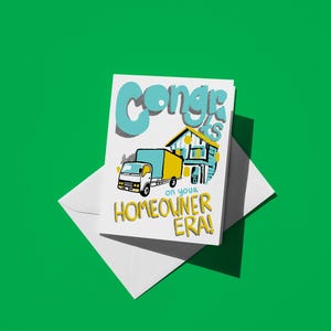 Gefeliciteerd met de kaart uit het tijdperk van je huiseigenaar | Kleurrijke wenskaart voor nieuwe huiseigenaar | Leuke housewarmingkaart gefeliciteerd