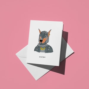 蠍座の誕生日カード: 犬好きのための、革ジャケットを着たかっこいいドーベルマンのかわいい面白い星座カード、面白い占星術グリーティングカード