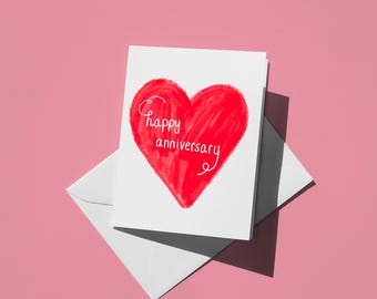 Kartka z okazji rocznicy dla par - śliczna prosta czcionka Red Heart Script, romantyczna kartka z życzeniami miłosnymi dla niego i dla niej