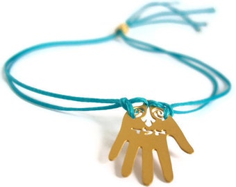 Turquoise String Kabbalah ALD Bracelet with 24k Gold plated Hamsa hand protection charm