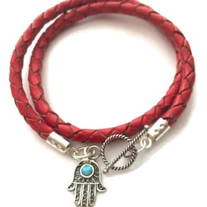 Red lucky charm bracelet with Opal gem - Leather and 925 Sterling Silver Hamsa Hand Kabbalah Charm