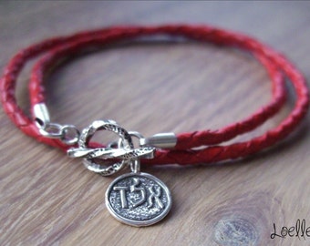 Red Leather Kabbalah Bracelet with Sterling Silver ALD Charm